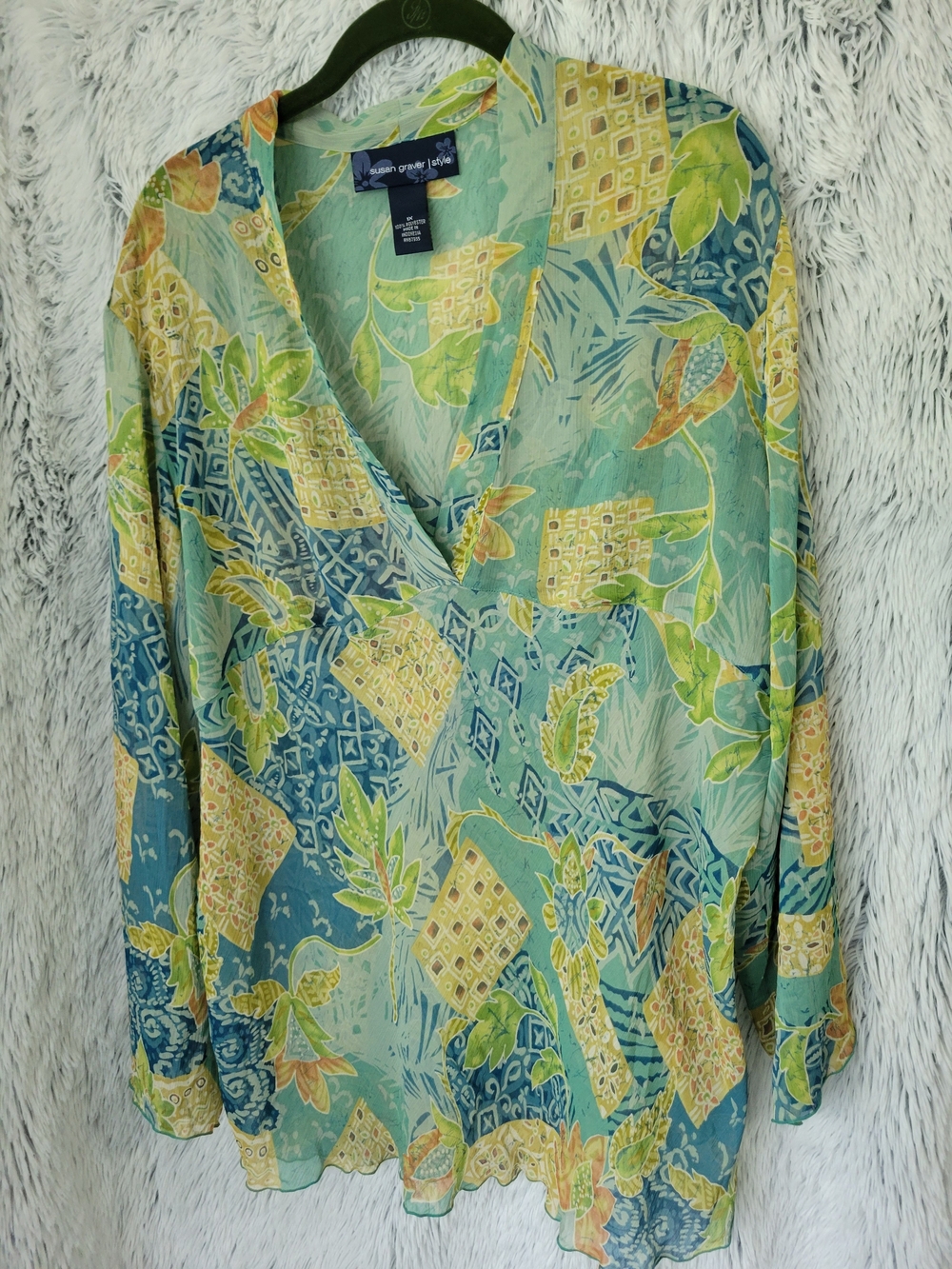 Susan Graver Teal, Aqua & Yellow Printed Wrap-Style Blouse